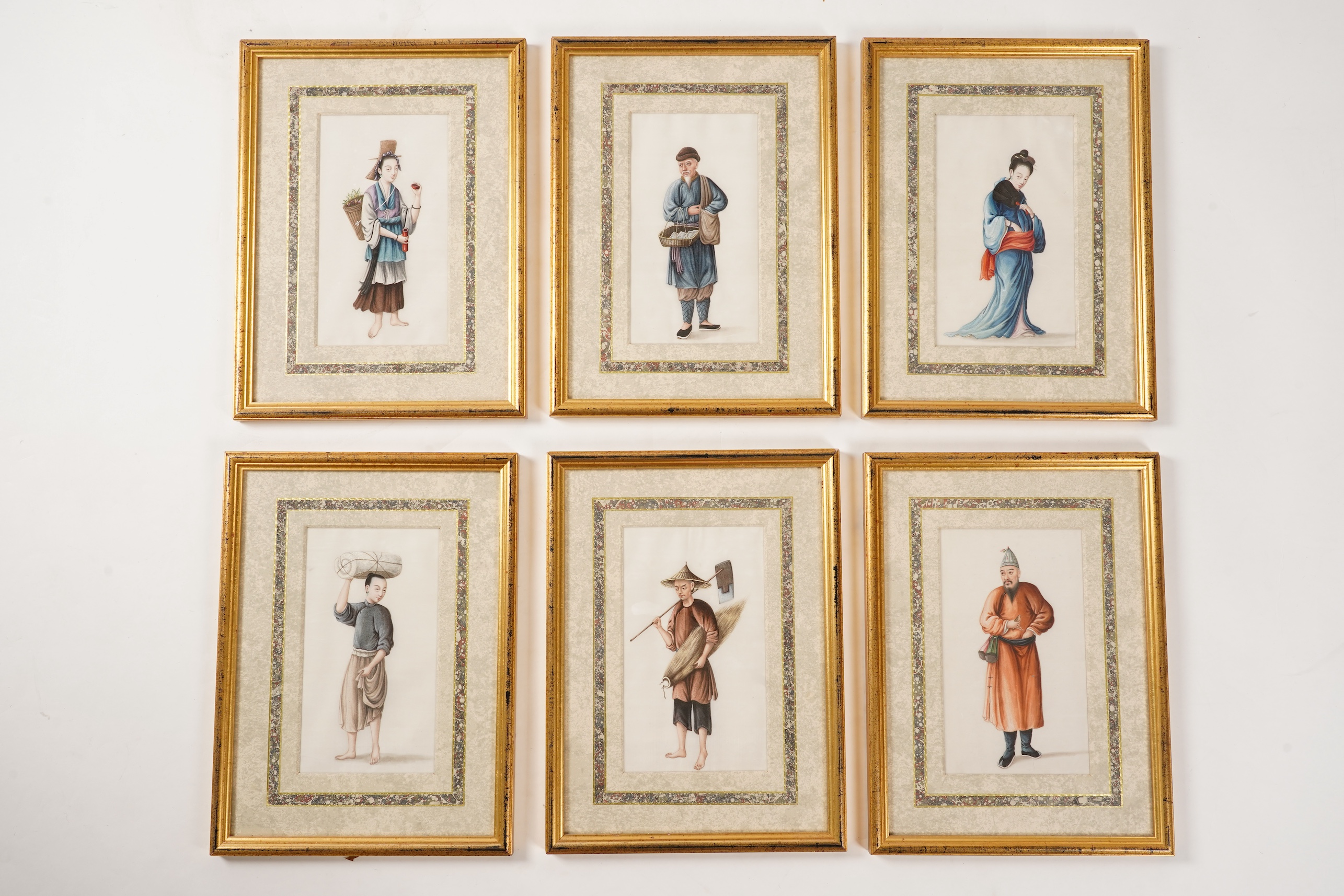 Circle of Youqua , Chinese (Mid 19th century), Street vendors, A set of six watercolours on pith paper, Image 23cm x 12.2cm